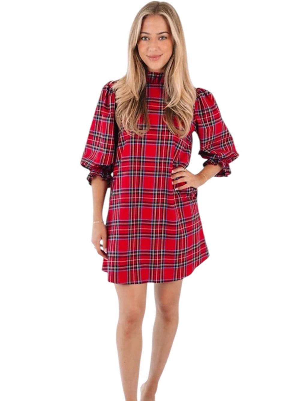 Red Plaid Puff-Sleeve Mini Dress